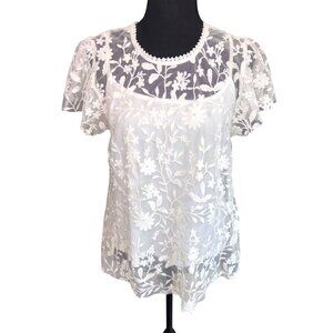 Altard State White Floral Lace Overlay Blouse S/S Lining L Romantic Feminine Top